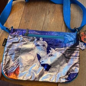 Laurel Burch Blue and Silver Horse Print Shoulder Bag